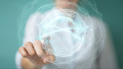 Businesswoman using digital network connection sphere 3D rendering