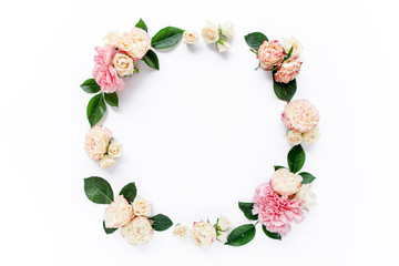Floral round frame wreath made of pink and beige peonies flower buds, eucalyptus branches and leaves isolated on white background. Flat lay, top view. Frame of flowers. Floral background. Valentine's 