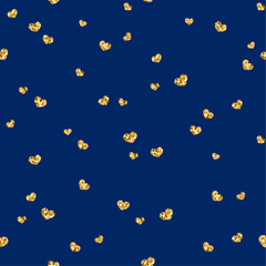 Gold heart seamless pattern. Golden chaotic confetti-hearts on blue background. Symbol of love, Valentine day holiday. Design wallpaper, fabric texture. Vector illustration