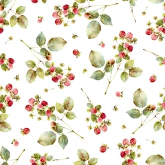 Wallpaper murals Watercolor fruits Raspberry twigs. Seamless pattern