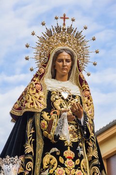 Talla de la Virgen de La Soledad en Procesion de Semana Santa. Leon. España