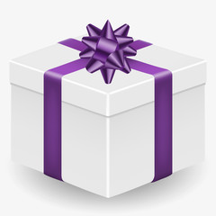Vector image of a white, realistic, gift box with a purple ribbon and a bow, isolated on a white background