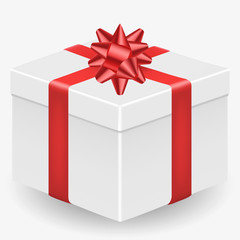 Vector image of a white, realistic, gift box with a red ribbon and a bow, isolated on a white background