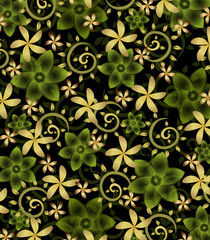 Green and golden flowers and curls with leaves  on a black backdrop. Abstract floral wallpaper background.