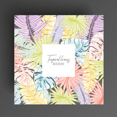 Pastel floral frame with tropical leaves. Botanical design template for wedding invitations, greeting cards, postcards, web design, social media, labels, packaging design, frame for quotes.
