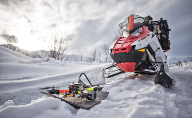 Enduro Snowbike Snowmobile journey with dirt bike high in the mountains