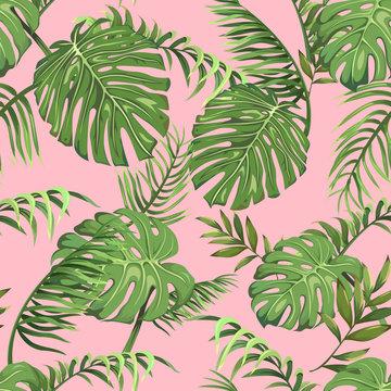 Seamless pattern with leaves of palm trees on a pink background