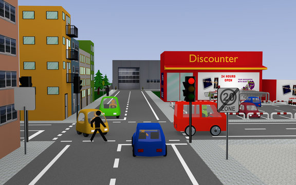 Stadtansicht mit roter Ampel, bunten Autos, Personen, Häusern und Geschäften. 3d render