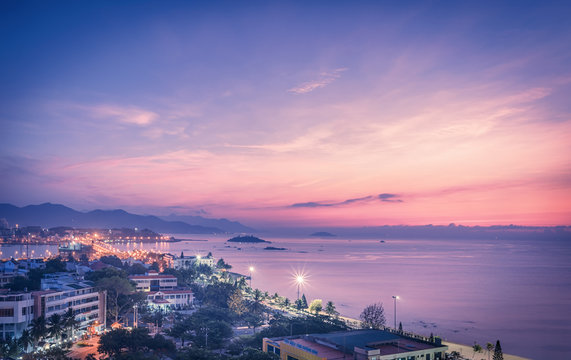 Vietnam, Nha Trang. May 8, 2015. Beautiful night landscape of the city and sea. The dawn dawned beyond the horizon.