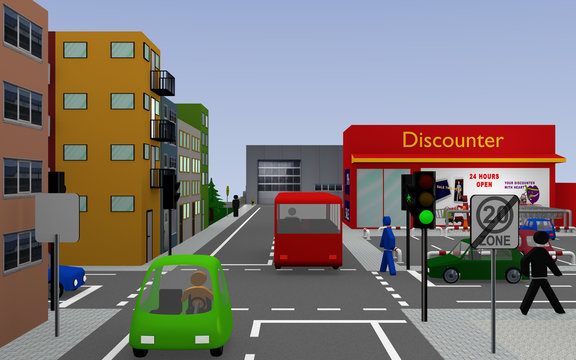 Stadtansicht mit Ampelkreuzung, bunten Autos, Personen, Häusern und Geschäften. 3d render