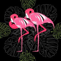 Seamless pattern of flamingo, leaves monstera, tropical leaves of palm tree. Vector background.
