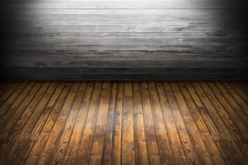 Empty gray wooden wall room interior with white light from top and shadows around and wooden brown flat floor perspectives. Designed for montage or your products display and text use on background
