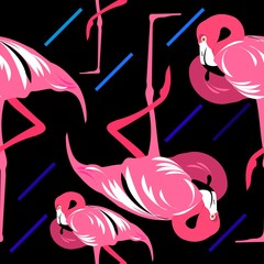 Seamless pattern of flamingo, leaves monstera, tropical leaves of palm tree. Vector background.
