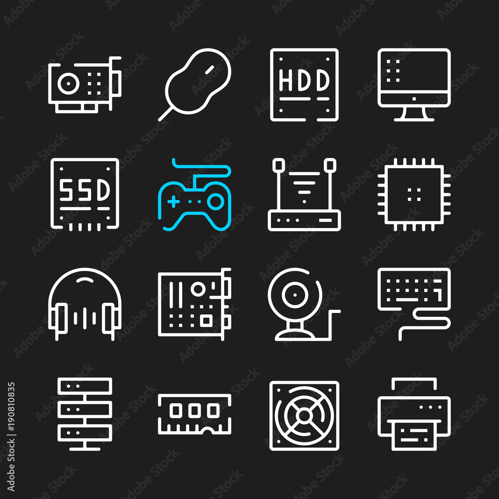Aufkleber computer hardware line icons. modern graphic elements, simple outline thin line design symbols. vect