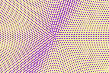 Purple yellow dotted halftone. Halftone vector background. Radial rough dotted gradient.