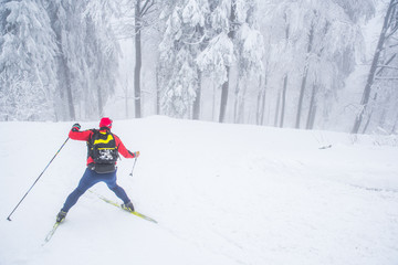 Fototapeta na wymiar Nordic ski in white winter nature, cross country skiing, sport photo