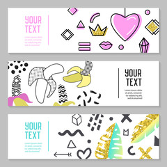 Horizontal Banners Set with Gold Glitter Geometric Elements, Hearts and Tropical Leaves. Poster Invitation Voucher Templates. Abstract Cards Design. Vector illustration