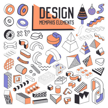 Abstract Memphis Style Design Elements Set. Geometric Shapes Collection for Patterns, Backgrounds, Brochure, Poster, Flyer, Cover. Vector illustration