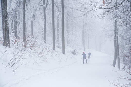 Couple skiing together in magic white winter forest