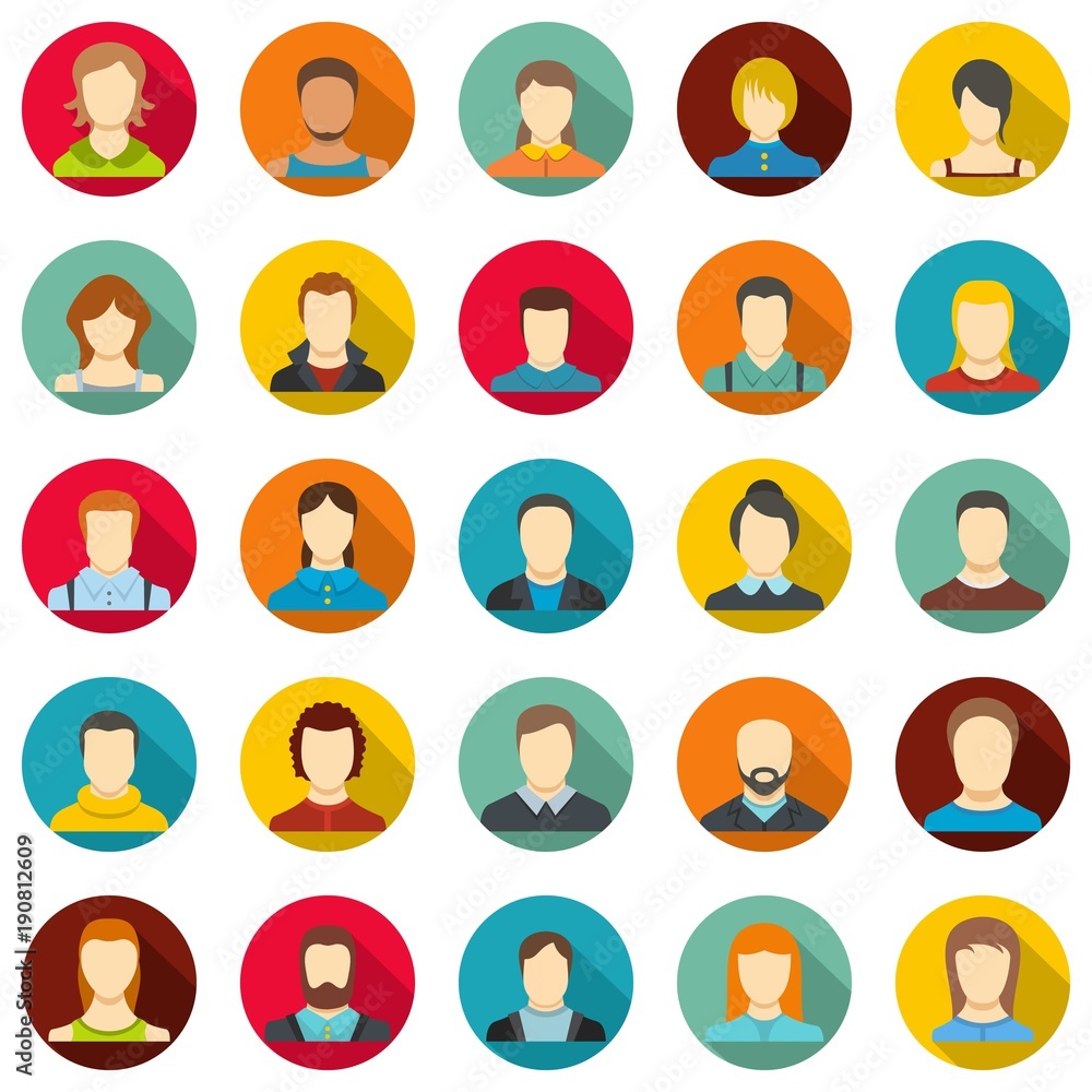 Poster avatar user icon set. flat illustration of 25 avatar user vector icons circle isolated on white