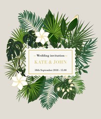 wedding invitation, background with tropical leaves