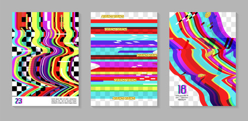 Glitch Futuristic Posters, Covers Set. Hipster Design Compositions for Brochures, Flyers, Placards. Trendy Template. Vector illustration