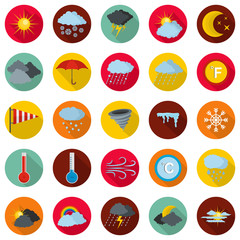 Weather icons set. Flat illustration of 25 weather vector icons circle isolated on white