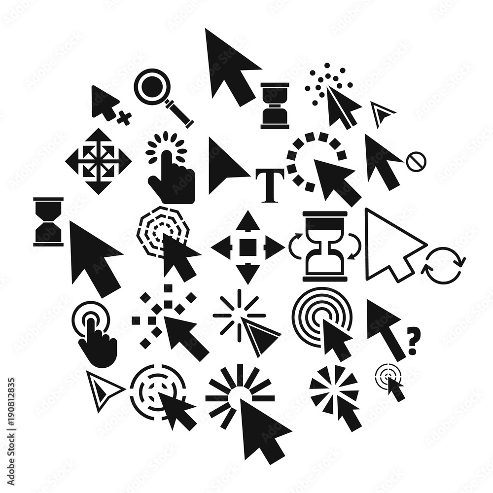 Poster mouse cursor icons set. simple illustration of 50 mouse cursor vector icons for web