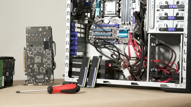 Disassembled Hardware. Fixing Computer in  Service Center
