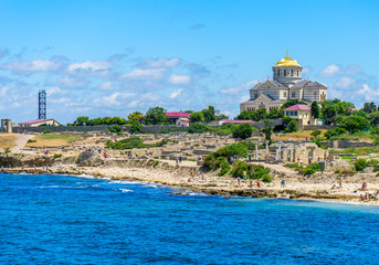 Fototapeta na wymiar Vladimir Cathedral and the ruins of the ancient Greek city of Chersonese on the territory of Sevastopol in the Crimea, in Russia