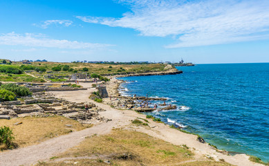Ruins of the ancient city of Chersonese and the Black Sea coast in Sevastopol in the Crimea in Russia