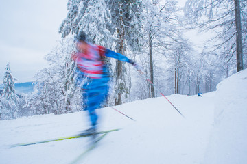 Blue nordic ski athlete in white winter nature, sport photo, winter game, cross country skiing