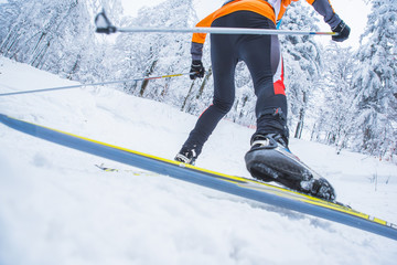 Fototapeta na wymiar A woman cross-country skiing in the Alps