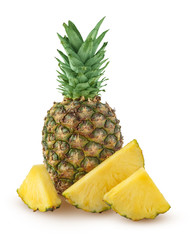 Whole and three slices of pineapple isolated on a white background