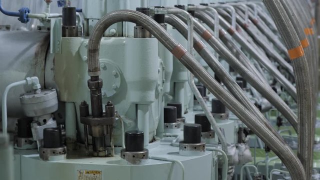 Injection valve on cylinder head of large marine diesel engine of ship