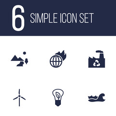 Set of 6 ecology icons set. Collection of sea, factory, warm and other elements.