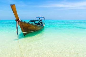 Fotobehang Amazing view of beautiful beach with traditional thailand longtale boat. Location: Bamboo island, Krabi province, Thailand, Andaman Sea. Artistic picture. Beauty world. © olenatur