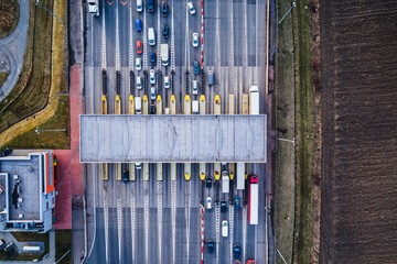 Aerial drone view on toll collection point - obrazy, fototapety, plakaty