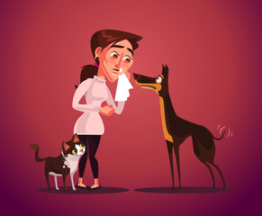 Woman have animal allergy. Vector flat cartoon illustration
