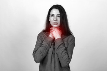 Young woman with sore throat  black and white with red accen