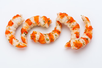 Cooked shrimps isolated on white background.