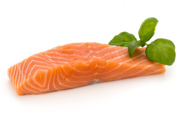 Fresh salmon fillet with basil on the white background.
