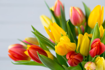 A colorful spring greetings card with tulips for Easter, Mother's Day.