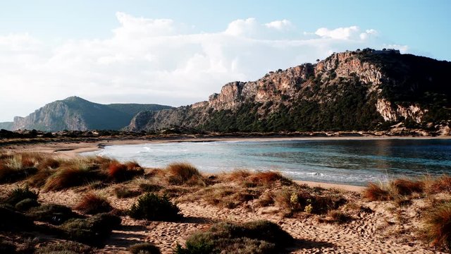 The famous Voidokilia Beach Navarino castle in Messinia Greece Peloponnese, mediterranean Europe. Holidays travel adventure concept