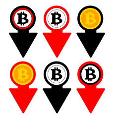 Bitcoin rate falling color icon. Cryptocurrency with down arrow. Bit coin collapse Falls Down symbol. Vector Illustration..