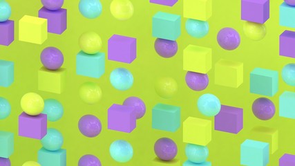3d cubes and spheres background. Abstract wallpaper. Flying geometric shapes. Trendy modern illustration. 3d rendering. Falling squares and balls. Colorful poster backdrop. Minimal style.