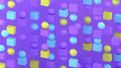 3d cubes and spheres background. Abstract wallpaper. Flying geometric shapes. Trendy modern illustration. 3d rendering. Falling squares and balls. Colorful poster backdrop. Minimal style.