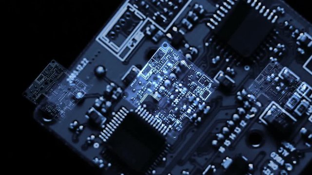 Palm and PCB rotating in weightlessness. The digital data stream flow. The illusion of flight. Flashing LEDs on the server hardware. IT concept. The colors are inverted