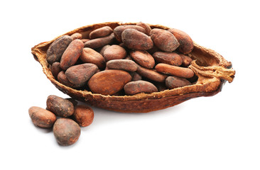 Half of ripe cocoa pod with beans on white background
