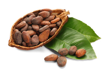 Half of ripe cocoa pod with beans on white background